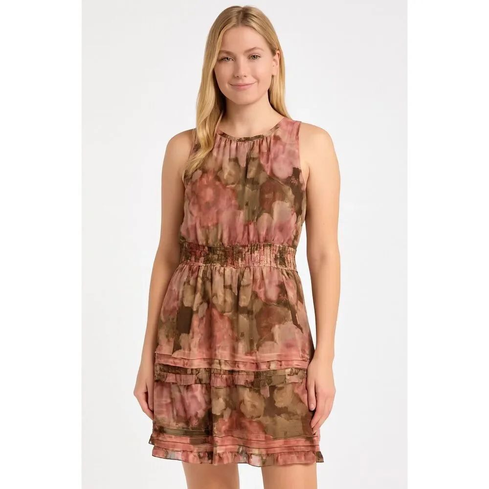 Nicole Miller pink floral smocked waist floral chiffon dress XL